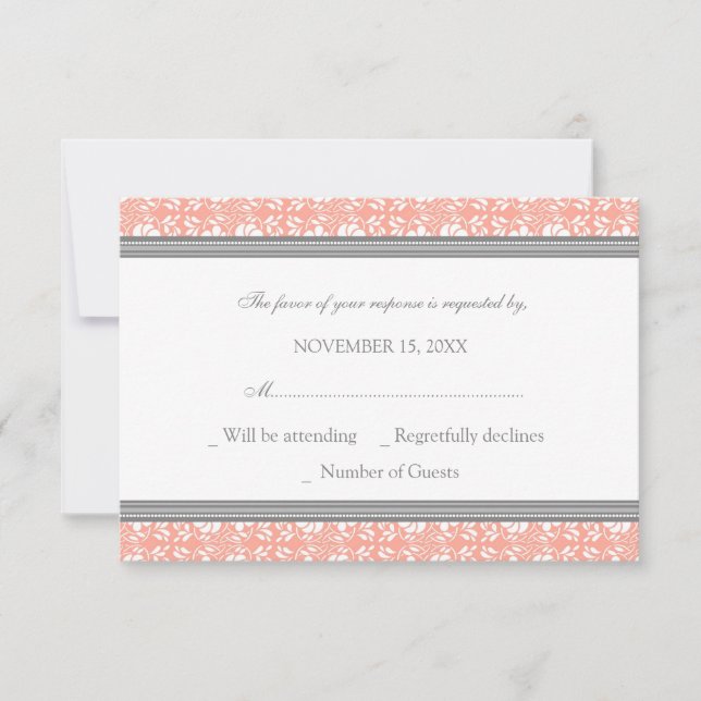 Coral Grått Damask OSA Bröllop Card Kort (Framsida)