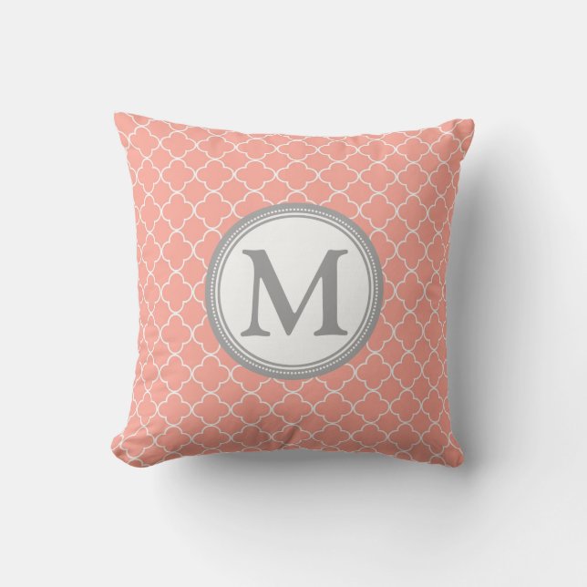 Coral Grått Quatrefoil Monogram dekorativ fyllning Kudde (Framsida)