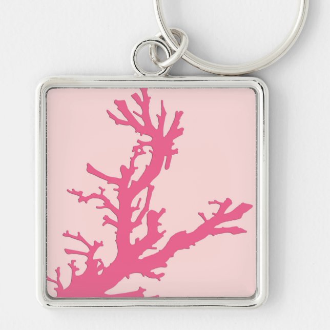Coral gren - korallets rosa fyrkantig silverfärgad nyckelring (Framsidan)