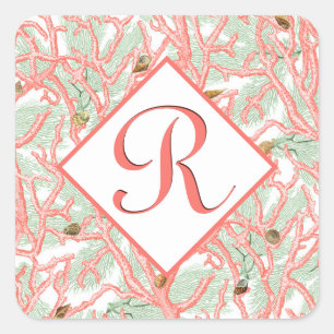 Coral Grenar med Seashells Monogram Fyrkantigt Klistermärke