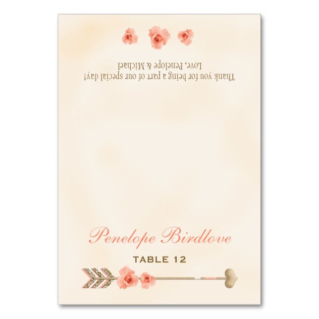 Coral Guld Boho Pil Ro DIY Tält Place Cards Bordsnummer (Framsidan)