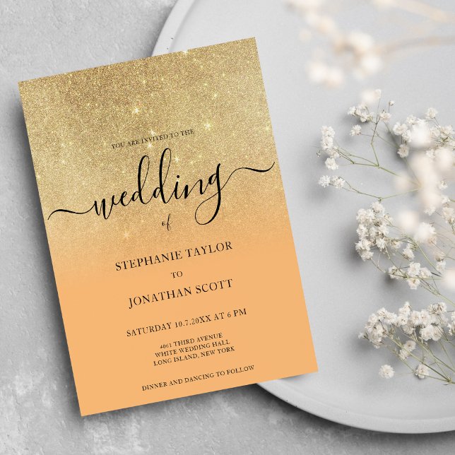 Coral guld glitter svart skript ombre bröllop inbjudningar (Coral gold glitter black script ombre wedding )
