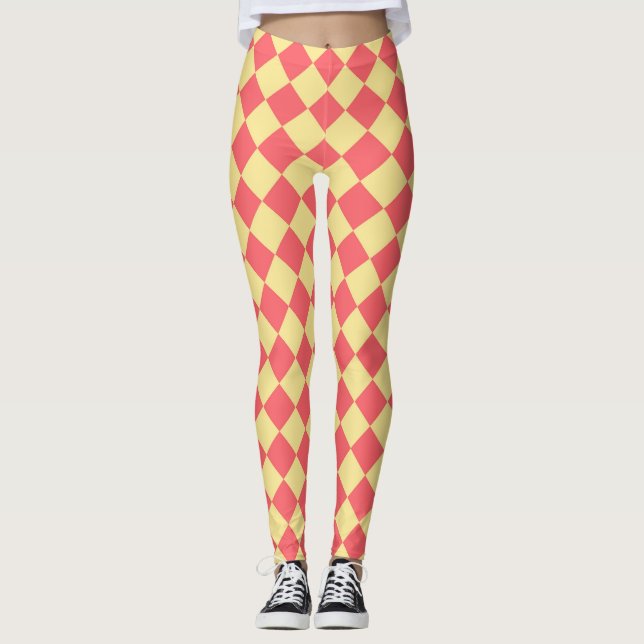 Coral Gult Checker Diamond Mönster Leggings (Framsida)