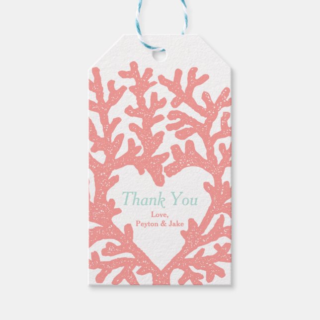 Coral Heart Aqua Beach Wedding Tack Presentetikett (Framsidan)