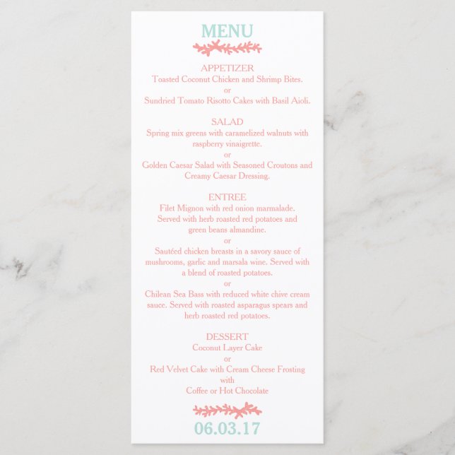 Coral Heart Aqua Beach WedMenu Meny (Framsida)