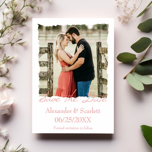 Coral Jagged Ram Photo Save Date Meddelande (Coral Jagged Frame Photo Save the Date)