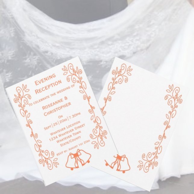 Coral Klockor Scrollwork Wedding Reception Inbjudningar (Coral wedding reception invitation bells and scrollwork design)