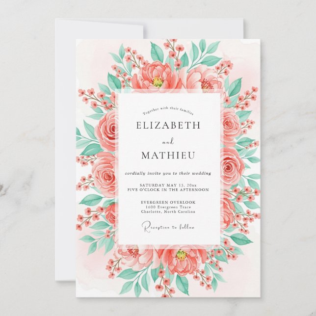 Coral Lush Floral Wedding Inbjudningar (Framsida)