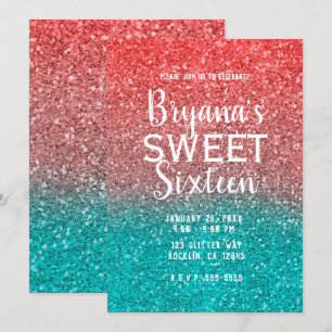 Coral Melon Orange Teal Aqua Glitter Sweet 16 Inbjudningar