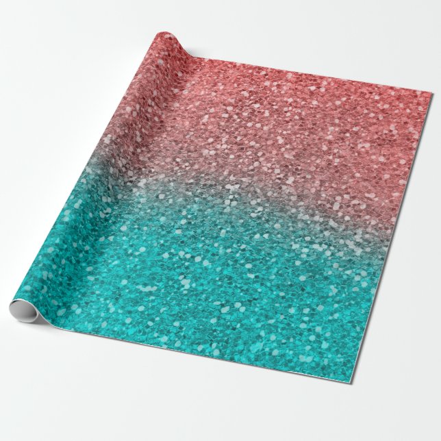 Coral Melon Orange Teal Aqua Grönt Sparkly Glitter Presentpapper (Utrullad)