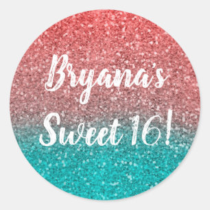 Coral Melon Orange Teal Aqua Grönt Sparkly Glitter Runt Klistermärke