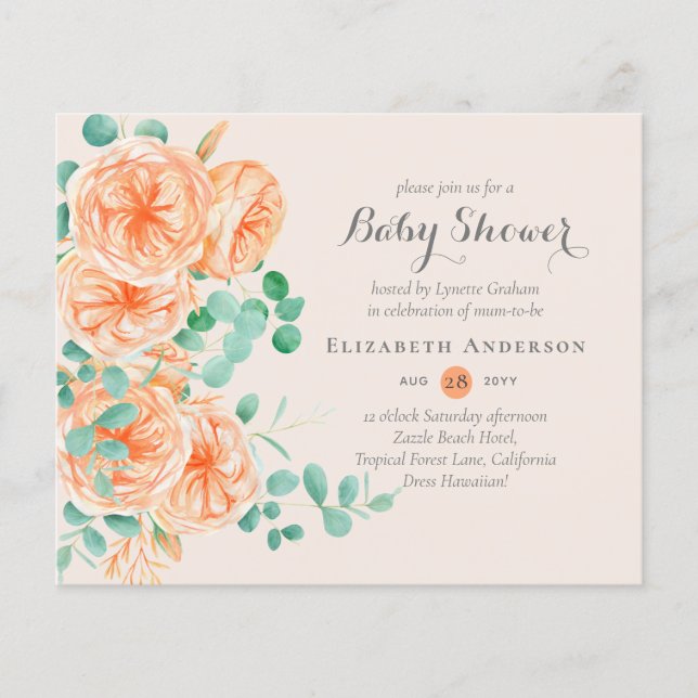 Coral Mint Blommigt Baby Shower Inbjudan BUDGET (Framsida)