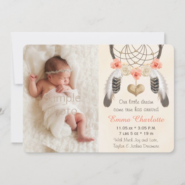 Coral Mint Boho Dreamcatcher Birth-meddelande Meddelande (Framsida)