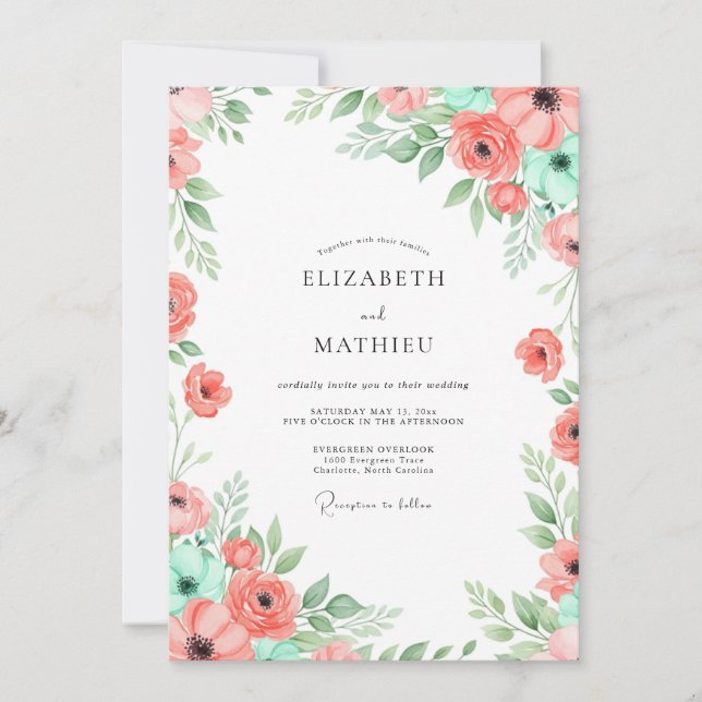 Coral Mint Botanical Bliss Wedding Inbjudningar (Framsida)
