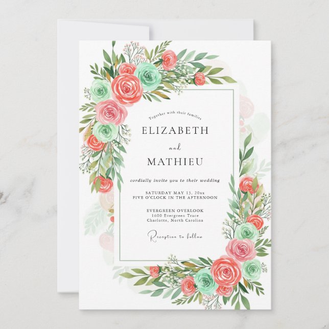 Coral Mint Romantic Floral Wedding Inbjudningar (Framsida)