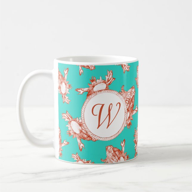 Coral Monogram Conch Snäcka på turkos Kaffemugg (Vänster)