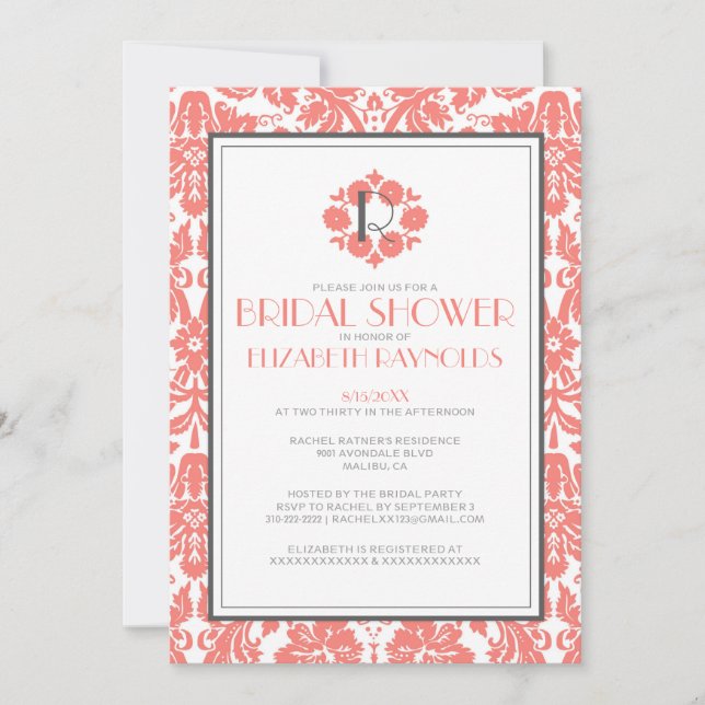 Coral Monogram Damask Inbjudningskort för möhippa (Framsida)