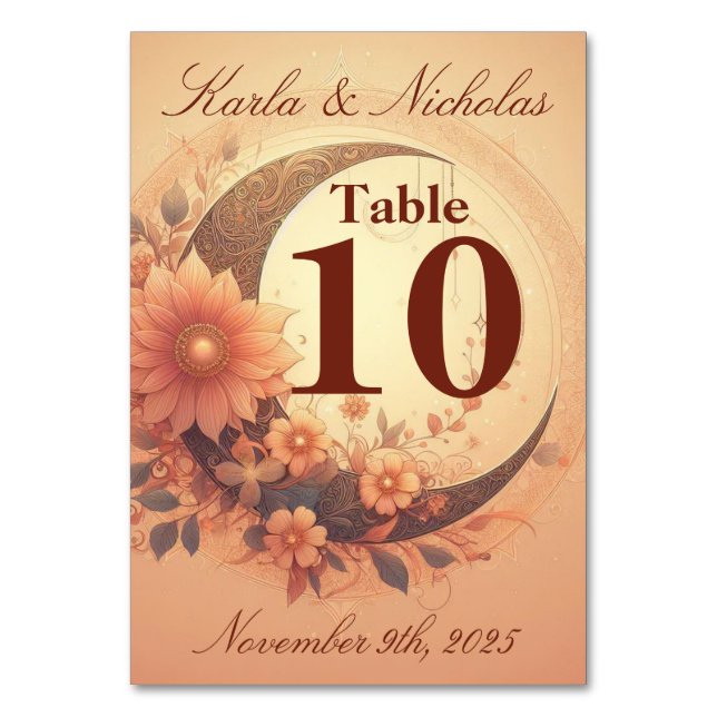 Coral Moonblomma Bröllop Bordsnummer (Framsidan)