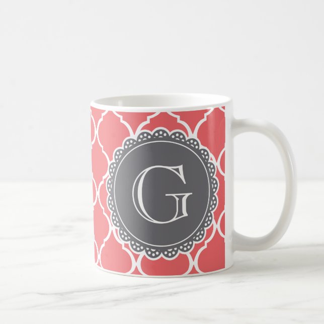 Coral Moroccan Lattice Mönster Grått Monogram Kaffemugg (Höger)