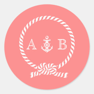 Coral Nautical Rope och Anchor Monogram Runt Klistermärke