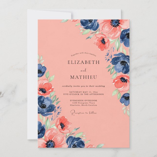 Coral Navy Blue Enchanting Summer Wedding Inbjudningar (Framsida)