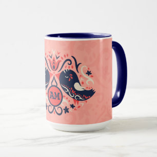 Coral Navy Blue Monogrammed Folk Art Birds Decor Mugg