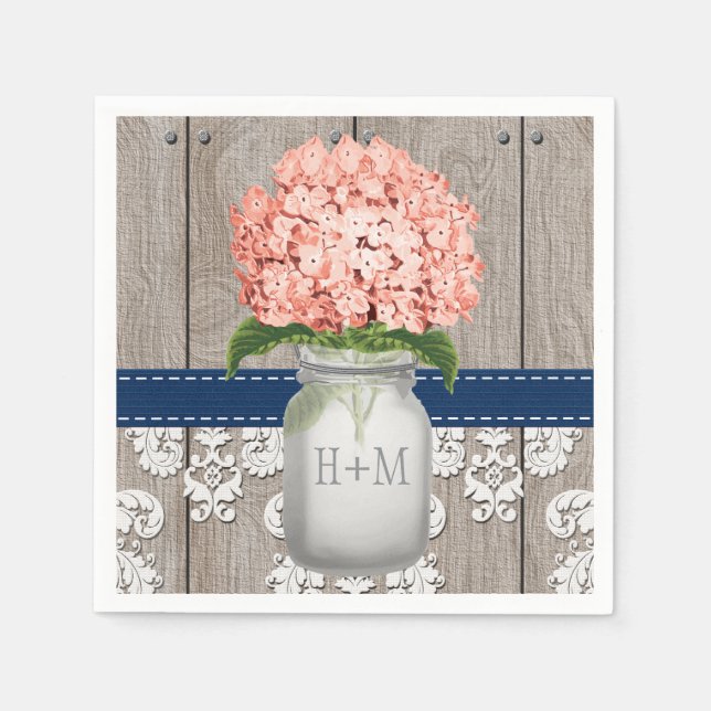 Coral Navy Blue Monogrammed Hydrangea Mason Burk Pappersservett (Framsidan)