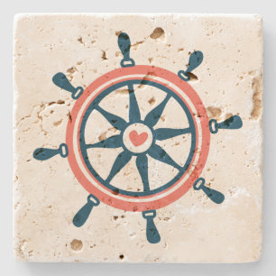 Coral & Navy-Blue Nautical Boat Wheel Stenunderlägg