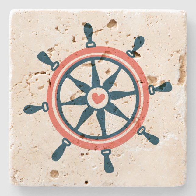 Coral & Navy-Blue Nautical Boat Wheel Stenunderlägg (Framsidan)
