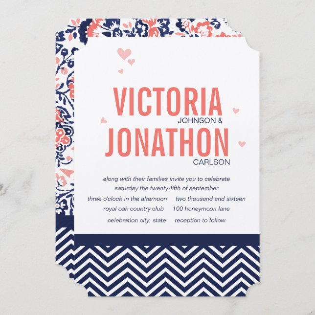 Coral Navy och Coral Zig Zag och Blommigt Bröllop Inbjudningar (Fram/baksida)