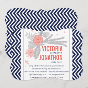 Coral Navy och Grått Zig Zag Romantic Bröllop Inbjudningar