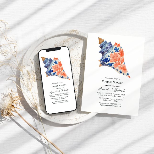 Coral & Navy Seashell Coastal Beach Couples Shower Inbjudningar (Coral & Navy Seashell Coastal Beach Couples Shower Invitation)