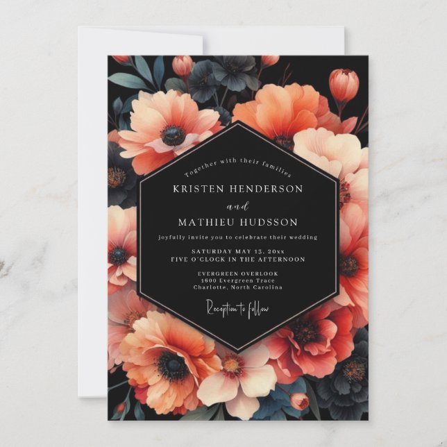 Coral Noir Anemone Wedding Inbjudningar (Framsida)