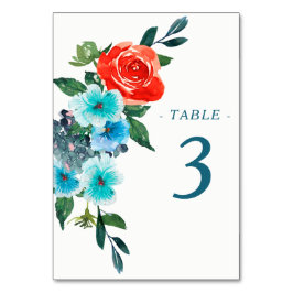 Coral och Aqua Blommigt Bröllop Bordsnummer