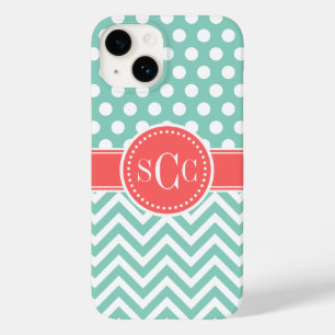 Coral och Aqua Polka Dot Chevron Monogram