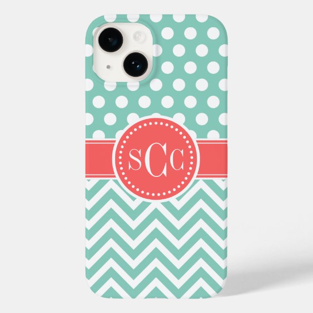 Coral och Aqua Polka Dot Chevron Monogram (Baksida)