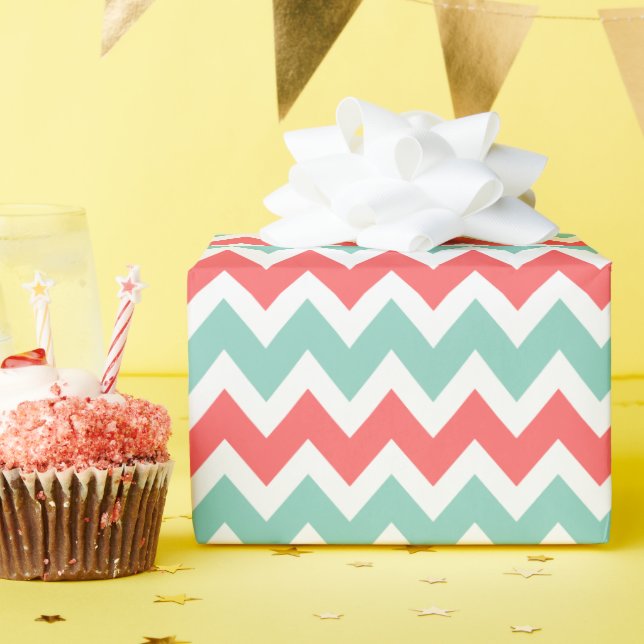 Coral och Aqua Zigzag Chevron Rand Presentpapper (Födelsedagsfest)