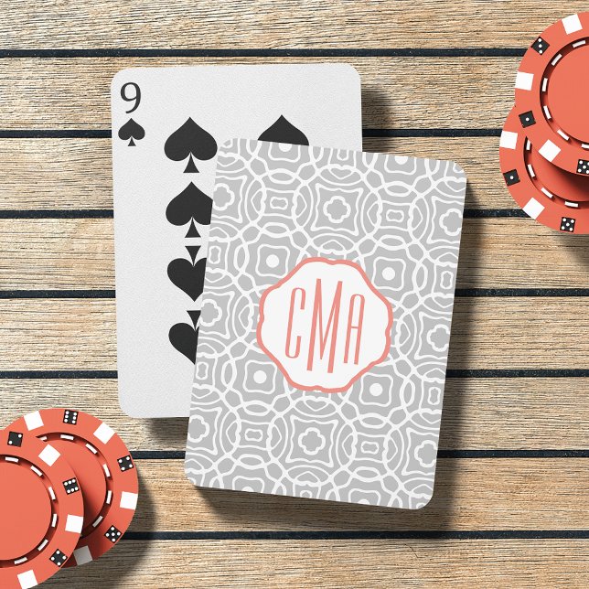 Coral och Grått Quatrefoil Monogram Casinokort (Skapare uppladdad)