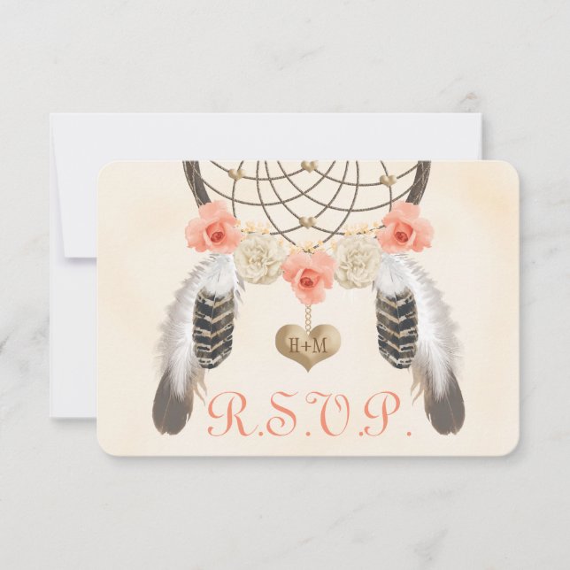 Coral och Guld Boho Dreamcatcher Bröllop OSA Card (Framsida)