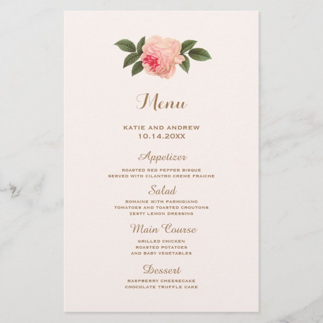 Coral och Guld Bröllop Menu (Framsida)