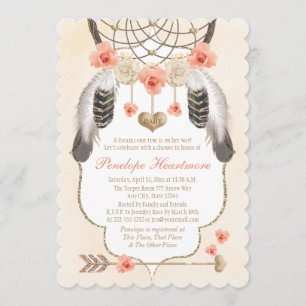 Coral och Guld Dreamcatcher Boho Flicka Shower Inbjudningar