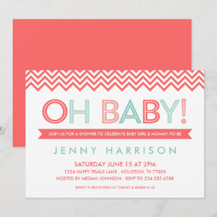 Coral och Mint Modern Chevron Baby Shower Inbjudningar