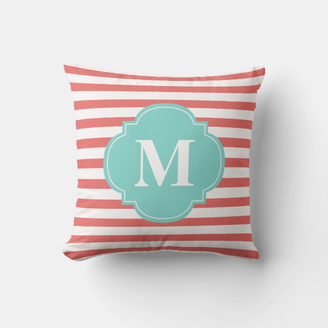 Coral och Mint Rand Monogram Kudde (Framsida)