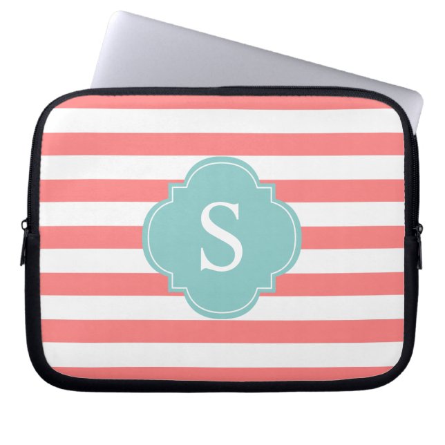 Coral och Mint Rand Monogram Laptop Fodral (Framsidan)
