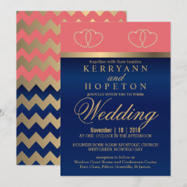 Coral och Navy Blue med Guld Hearts - Anpassningsb Inbjudningar