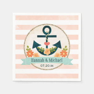 Coral och Navy Blue Nautical Anchor Bröllop Pappersservett