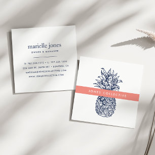 Coral och Navy Pineapple Fyrkantigt Visitkort