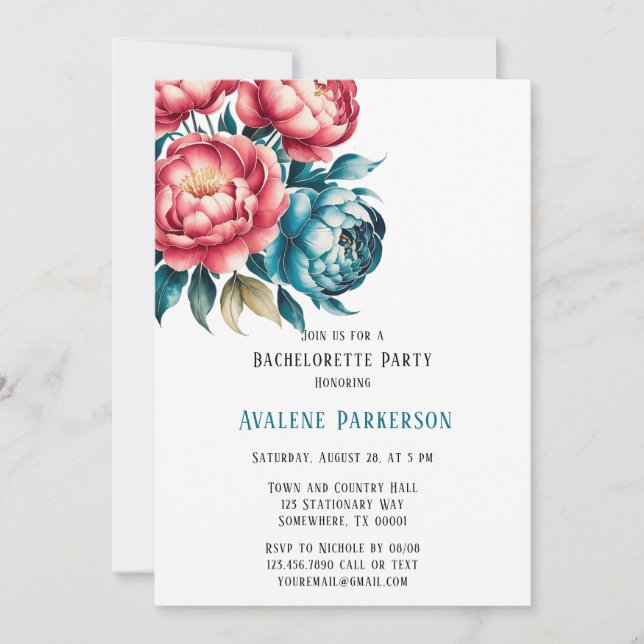 Coral och Teal Peonies Guld Bachelorette Party Inbjudningar (Framsida)
