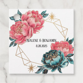 Coral och Teal Peonies Guld Bouquet Bröllop Ringar Gåvor Etiketter