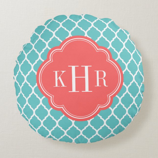 Coral och Turocise Moroccan Quatrefoil Monogram Rund Kudde (Framsidan)
